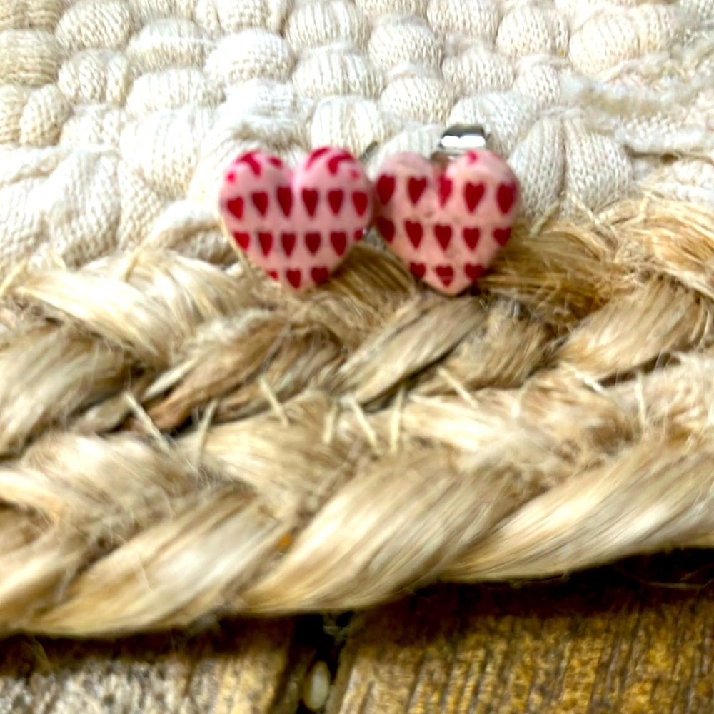 Pink clay hearts, earrings with tiny red hearts, 1/4 inches in size